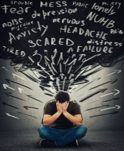 A person covers their face while surrounded by different thoughts above them including anxiety, numb, nervous, depression, noise, and fear. Search for anxiety therapy in Tampa, FL to learn more about the help that online anxiety treatment in Florida can offer.